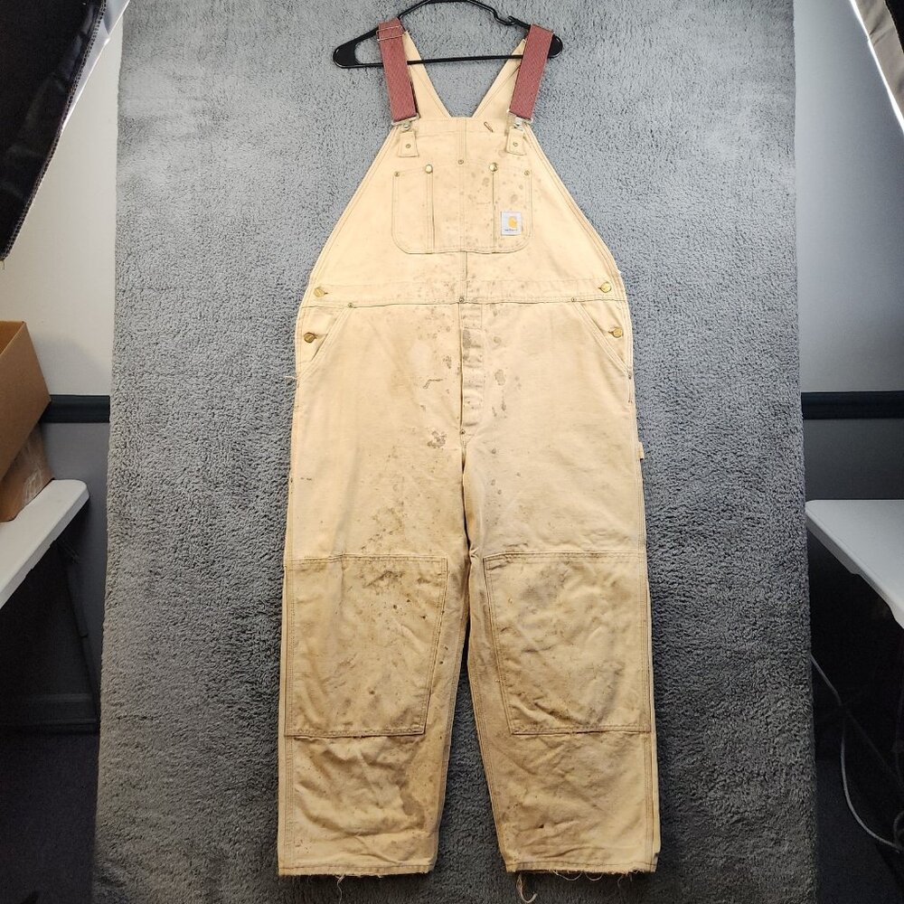 Vintage Carhartt Double-Knee Bibs Overalls Men's 46x28 Duck Canvas Un-Lined Work
